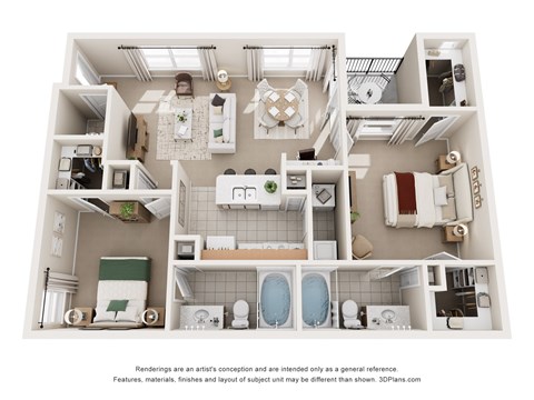 Floor plan for 2 beds, 2.5 baths, 1015 sqft